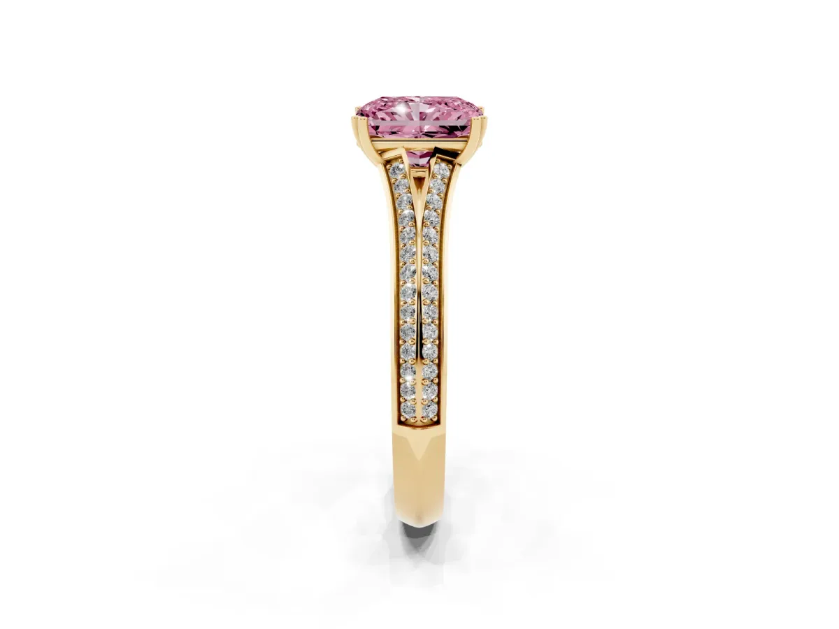 Fancy Pink Radiant Cut Diamond Split Shank Engagement Ring with Pavé Band Yellow gold