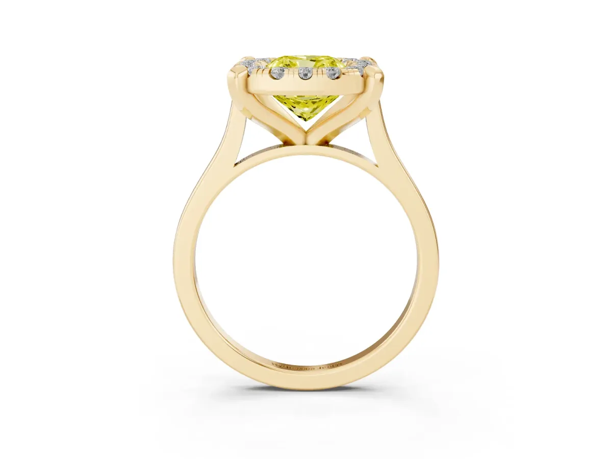 Fancy Yellow Cushion Cut Diamond Cluster Halo Solitaire with Four-Prong Setting Yellow gold