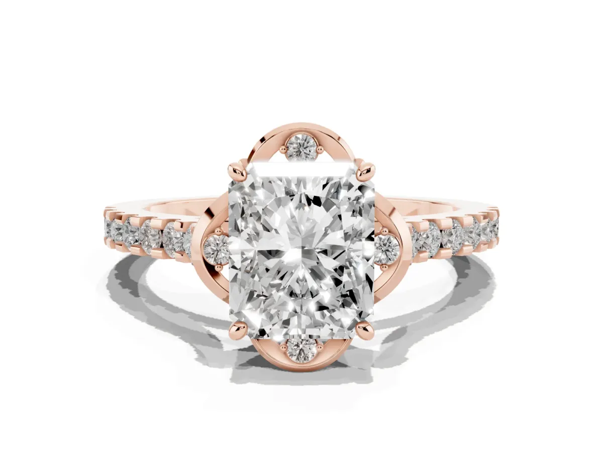 Radiant Cut Diamond Ring with Pavé Band and Floral Prong Setting Rose gold