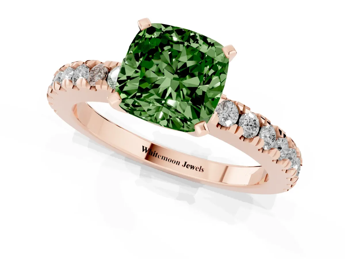 Fancy Green Cushion Cut Solitaire Diamond with Pavé Band and Four-Prong Setting Rose gold