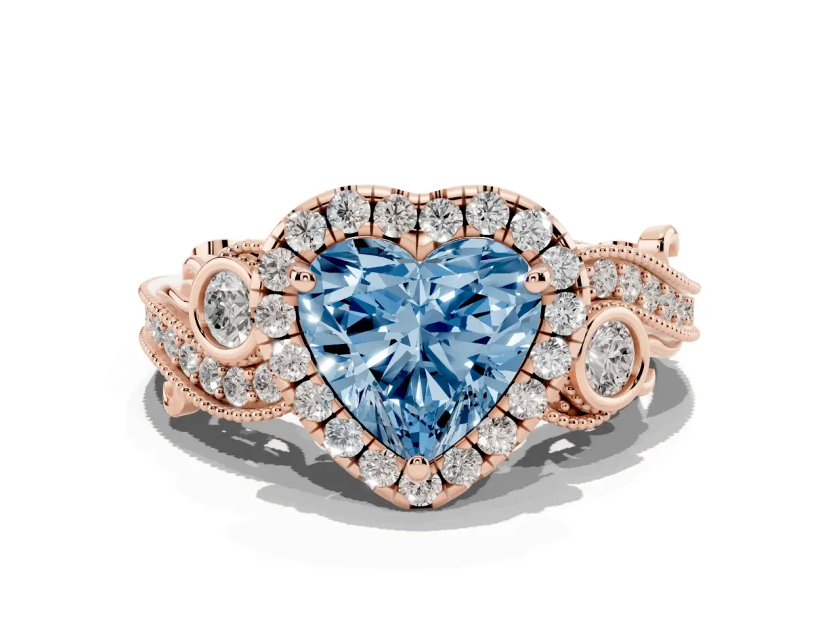 Fancy Blue Heart Cut Diamond Halo Ring with Milgrain Pavé Band and Four-Prong Setting Rose gold