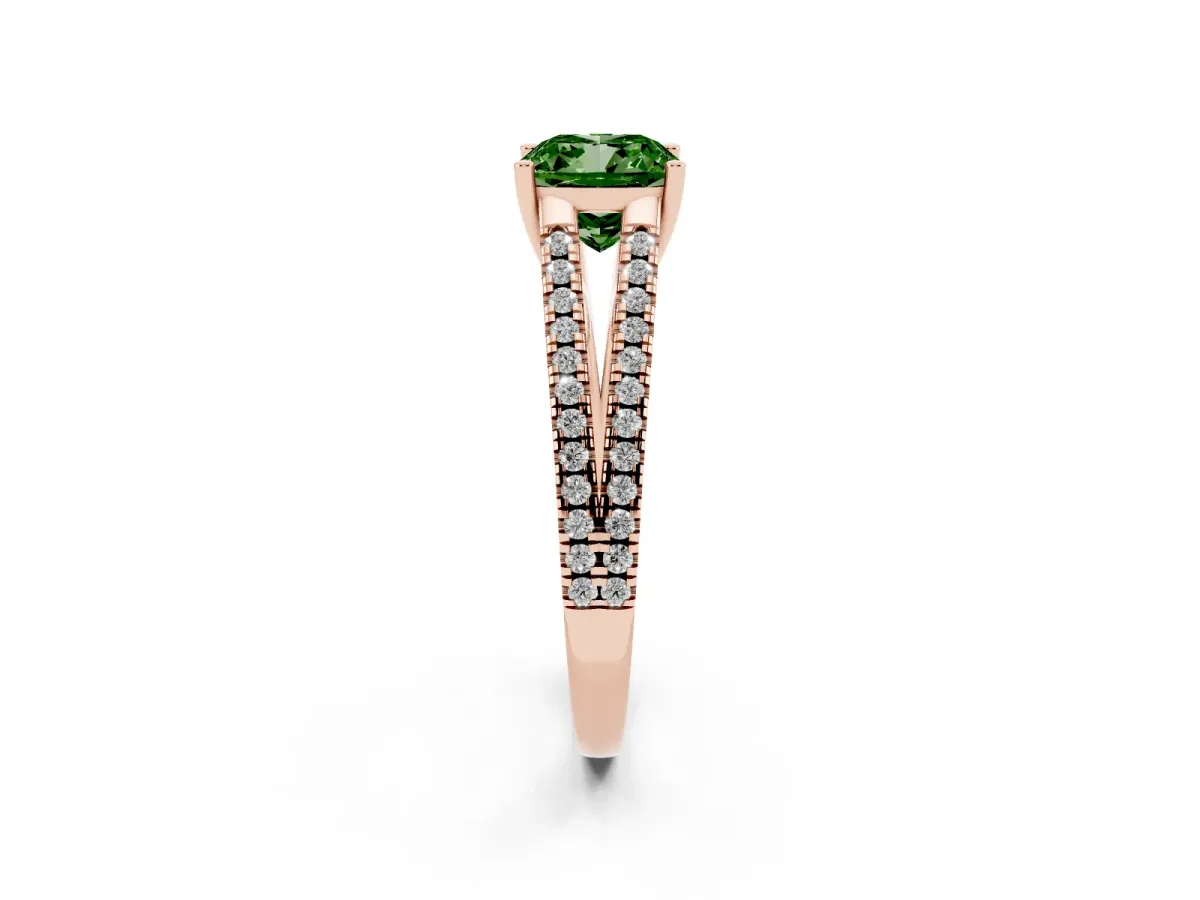 Fancy Green Cushion Cut Diamond Solitaire Engagement Ring with Split Shank Pavé Band Rose gold