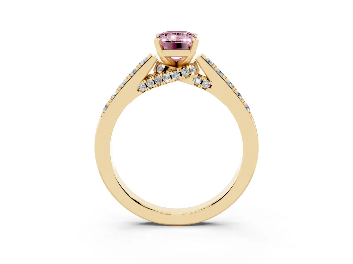 Fancy Pink Emerald Cut Diamond Solitaire Ring with Crossover Gallery and Round Pavé Band Yellow gold