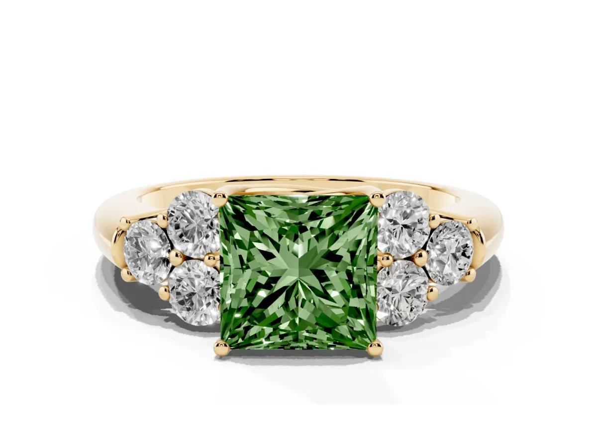 Fancy Green Princess Cut Cut Diamond Cluster Ring with Round Accent Stones and Prong Setting on a Classic Band Yellow gold