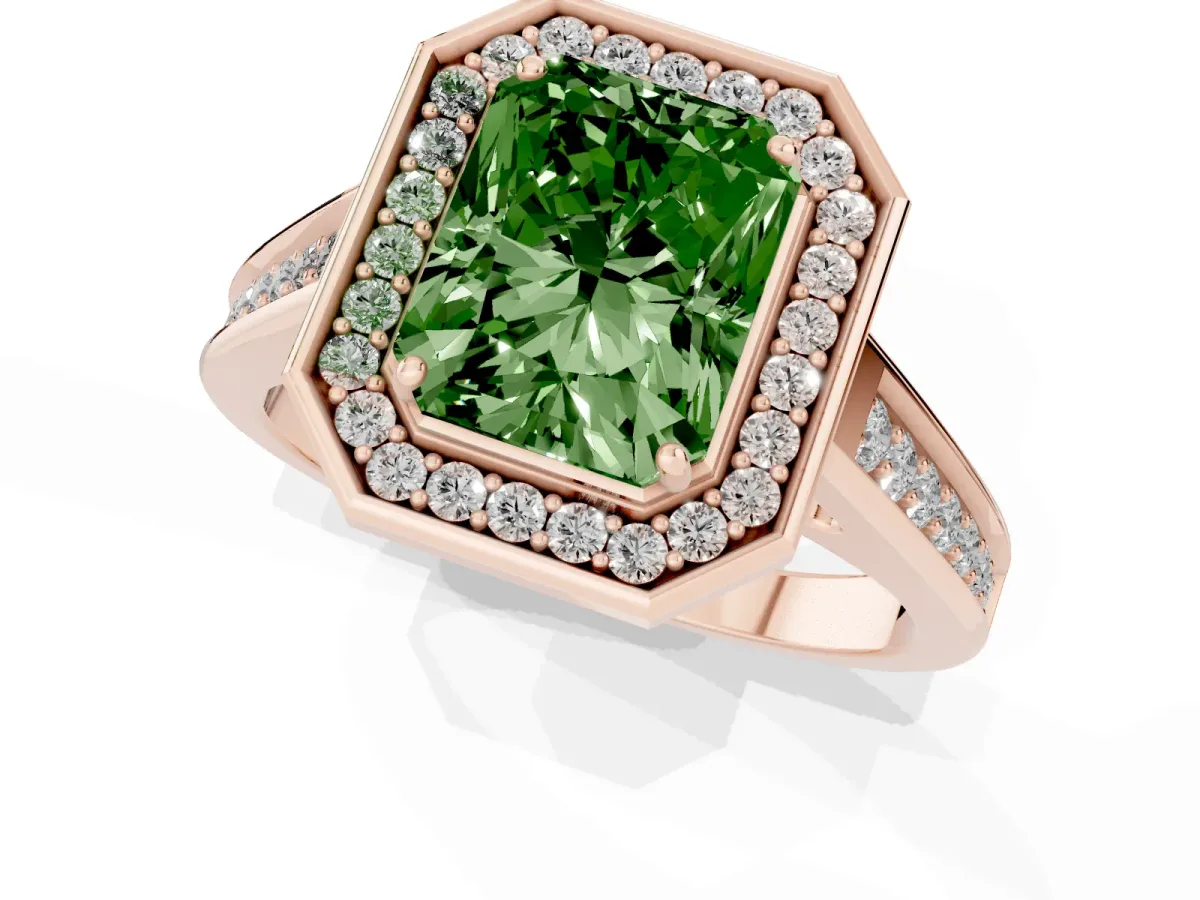 Fancy Green Radiant Cut Halo Solitaire Diamond Ring with Pave Band and Bezel Setting Rose gold