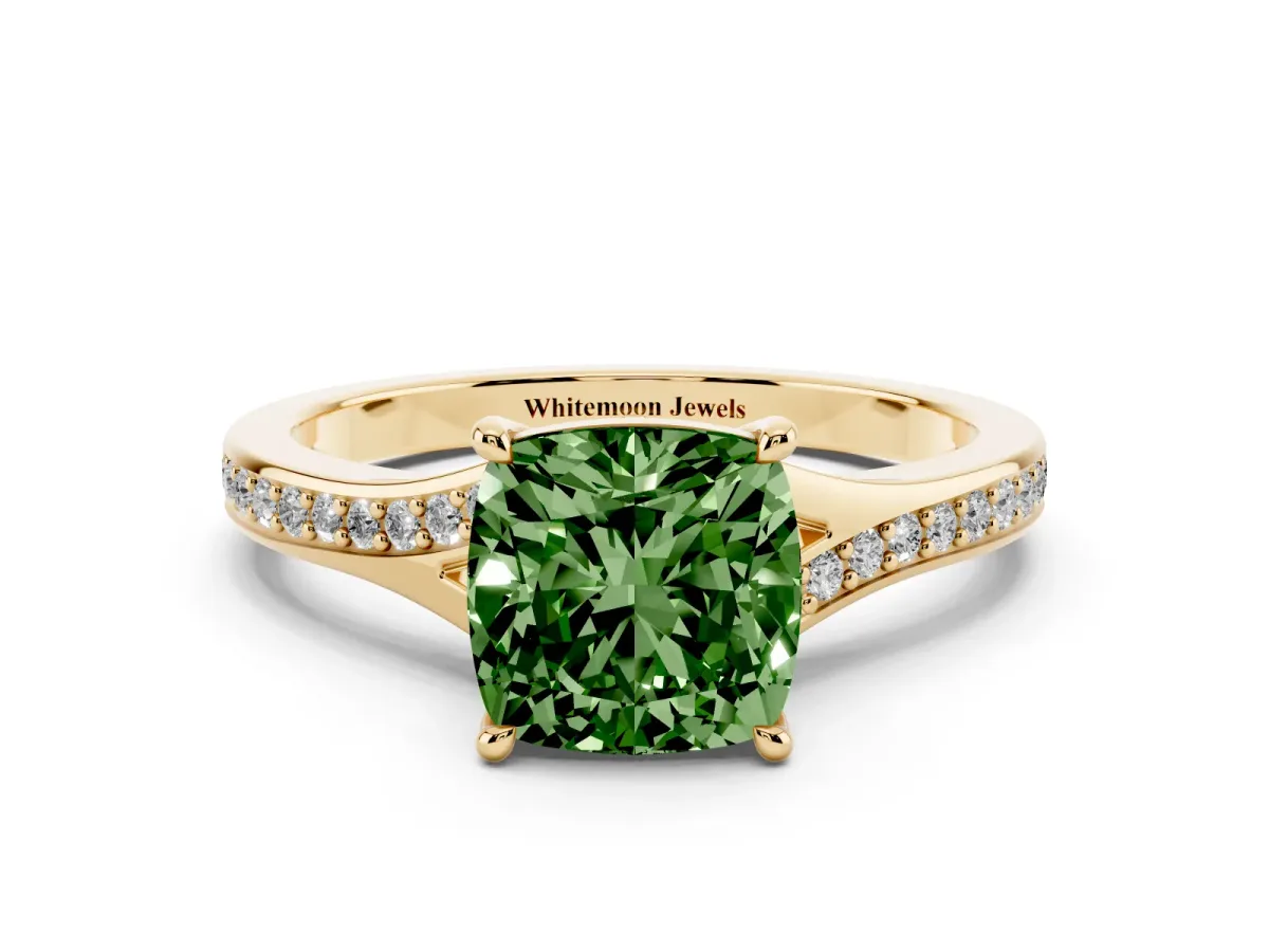 Fancy Green Cushion Cut Diamond Solitaire Ring with Pavé Band and Prong Setting Yellow gold