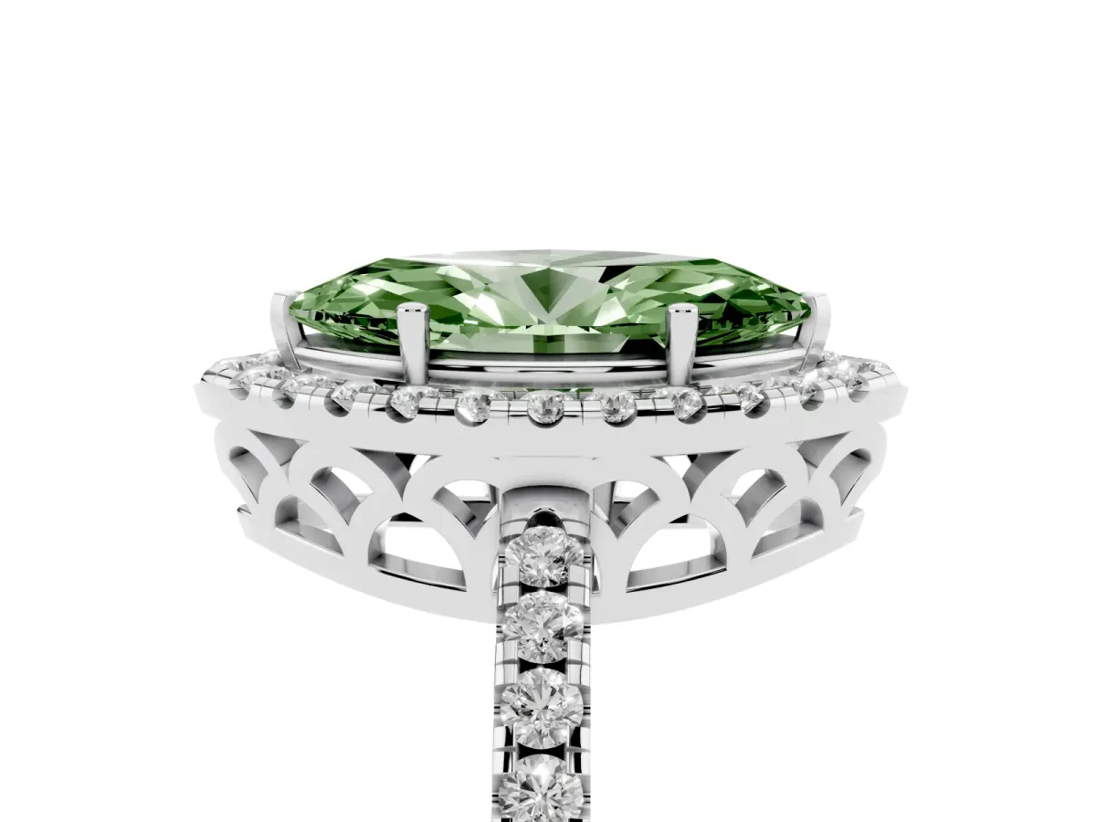 Fancy Green Marquise Cut Halo Diamond Engagement Ring with Pavé Band and Four-Prong Setting Silver
