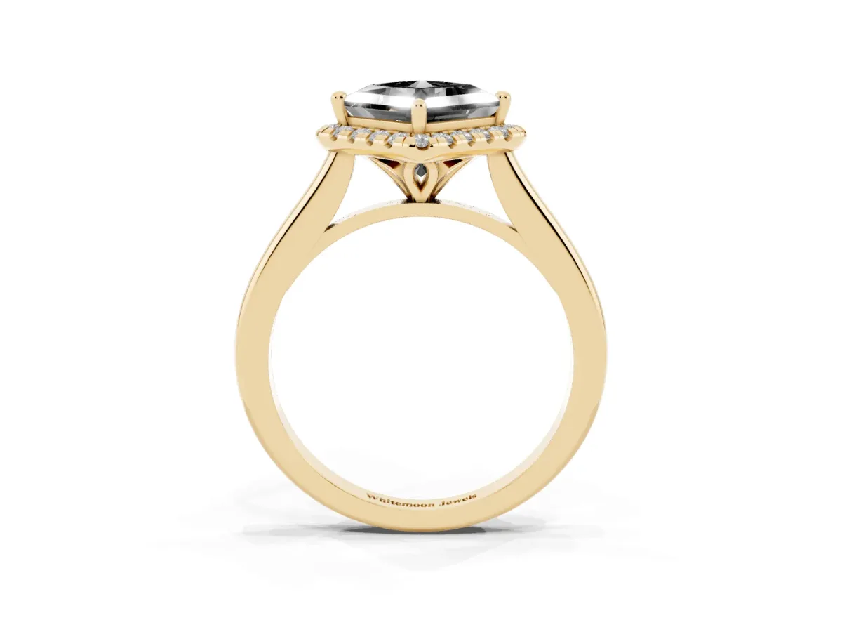 Fancy Black Princess Cut Halo Round Diamond Solitaire Engagement Ring with Pave Band and Four-Prong Setting Yellow gold
