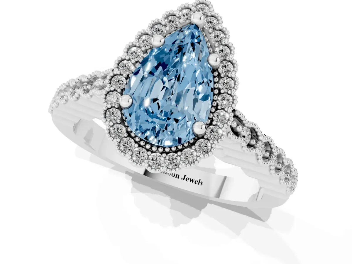 Fancy Blue Pear Cut Cut Halo Pavé Solitaire Ring with Milgrain Band Silver