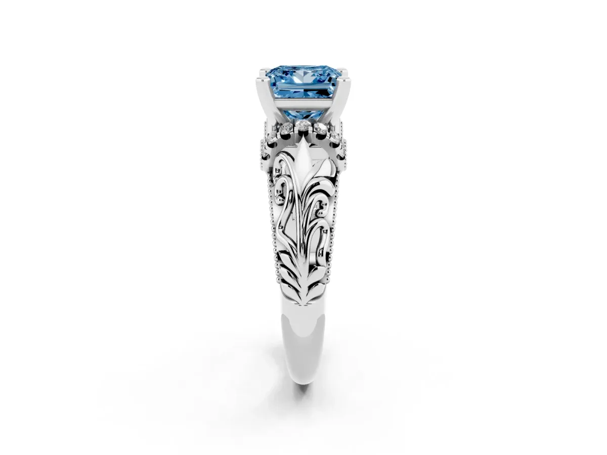 Fancy Blue Princess Cut Solitaire Filigree Engagement Ring with Halo and Prong Setting White gold