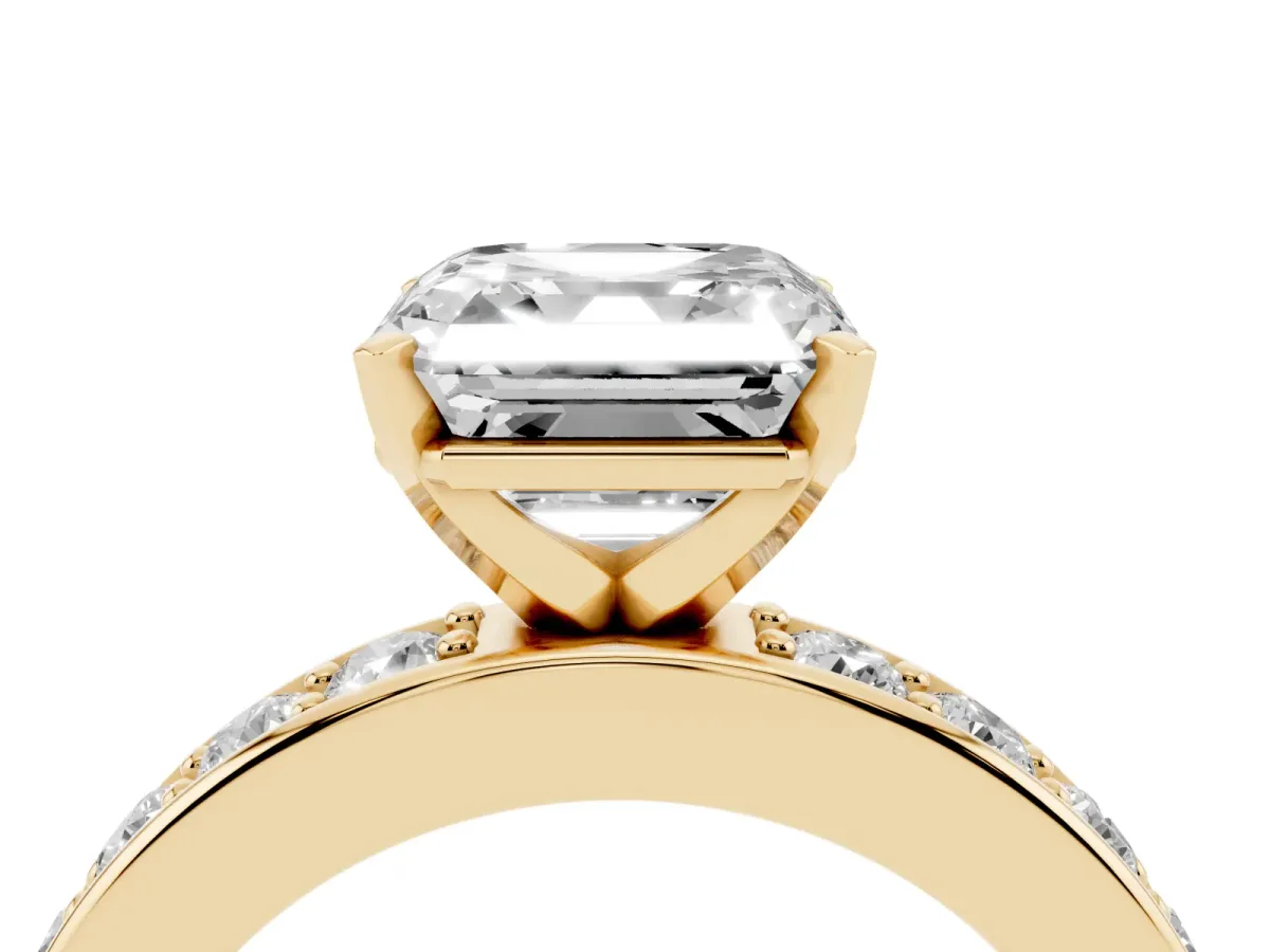 Asscher Cut Diamond Engagement Ring with Channel Set Round Band and Prong Setting Yellow gold
