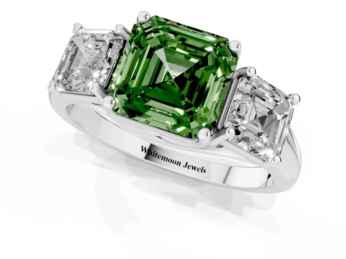 Fancy Green Three-Stone Asscher Cut Diamond Engagement Ring with Prong Setting Silver