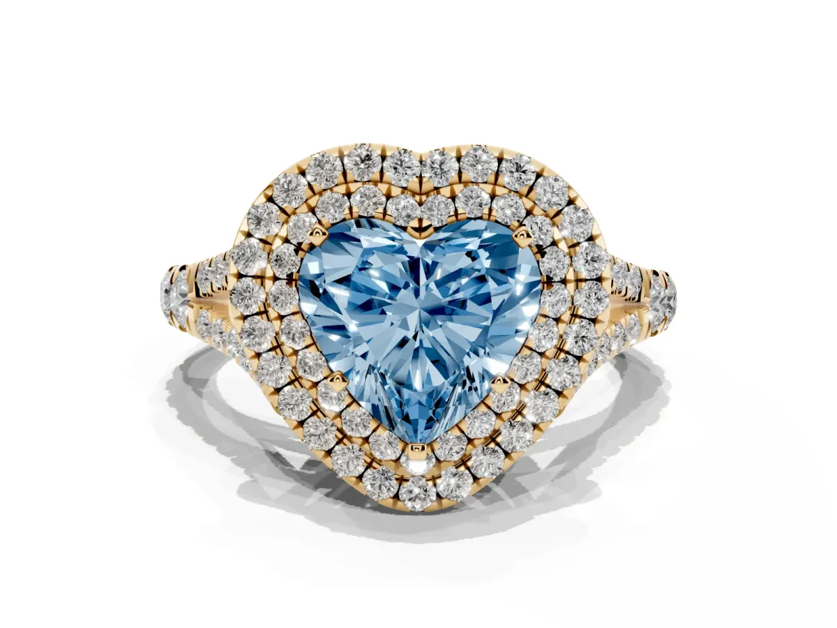 Fancy Blue Double Halo Heart Cut Diamond Split Shank Engagement Ring with Four-Prong Setting Yellow gold