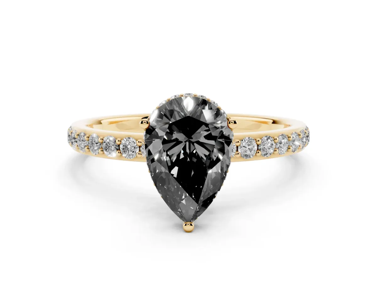 Fancy Black Pear Cut Diamond Solitaire Ring with Pavé Band and Hidden Halo Yellow gold