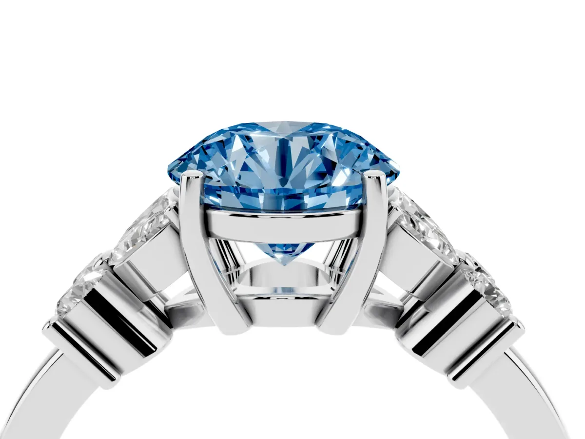 Fancy Blue Round Cut Diamond Floral Cluster Ring with Solitaire Band and Prong Setting Silver