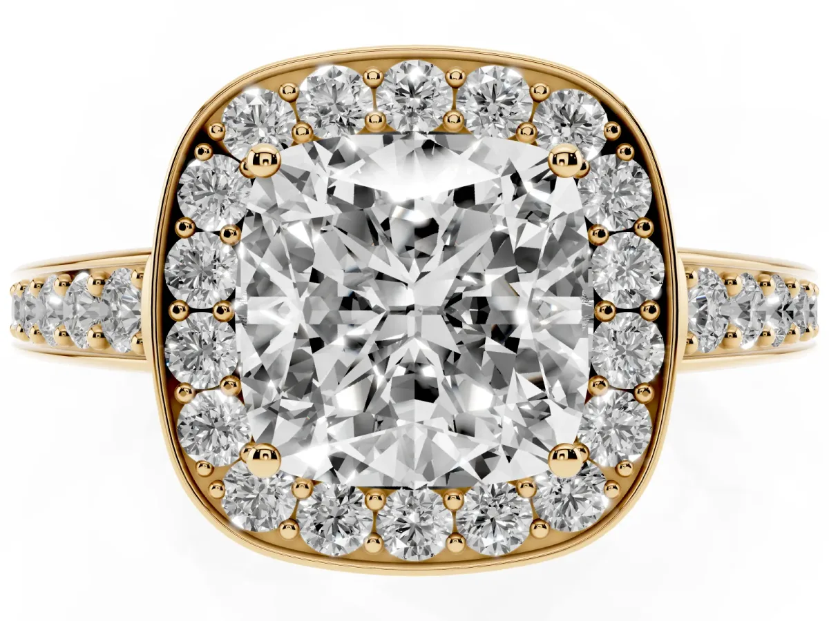 Cushion Cut Halo Pavé Diamond Engagement Ring with Bezel Setting Yellow gold