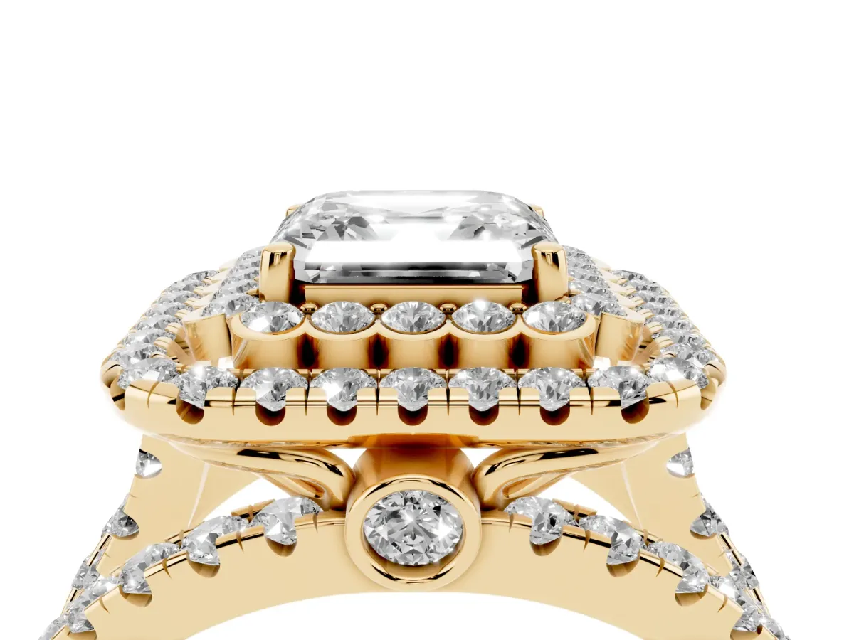 Asscher Cut Diamond Double Halo Ring with Round Pavé Split Shank and Prong Setting Yellow gold