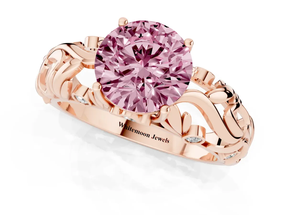 Fancy Pink Round Cut Solitaire Diamond Leaf-Inspired Vine Band Ring with Prong Setting Rose gold