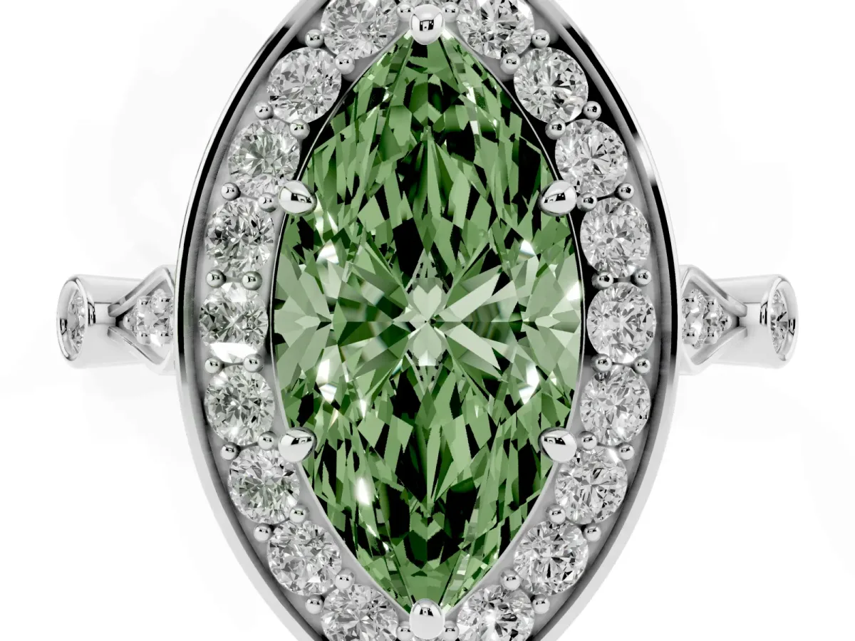 Fancy Green Marquise Cut Halo Diamond Engagement Ring with Twisted Band and Four-Prong Setting Platinum