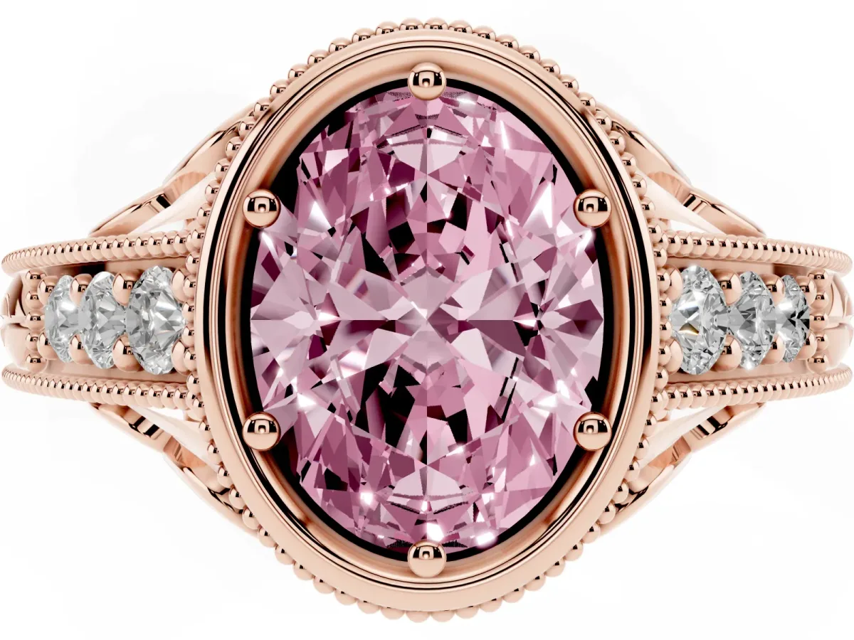 Fancy Pink Bezel Set Oval Cut Diamond Milgrain Pave Engagement Ring Rose gold