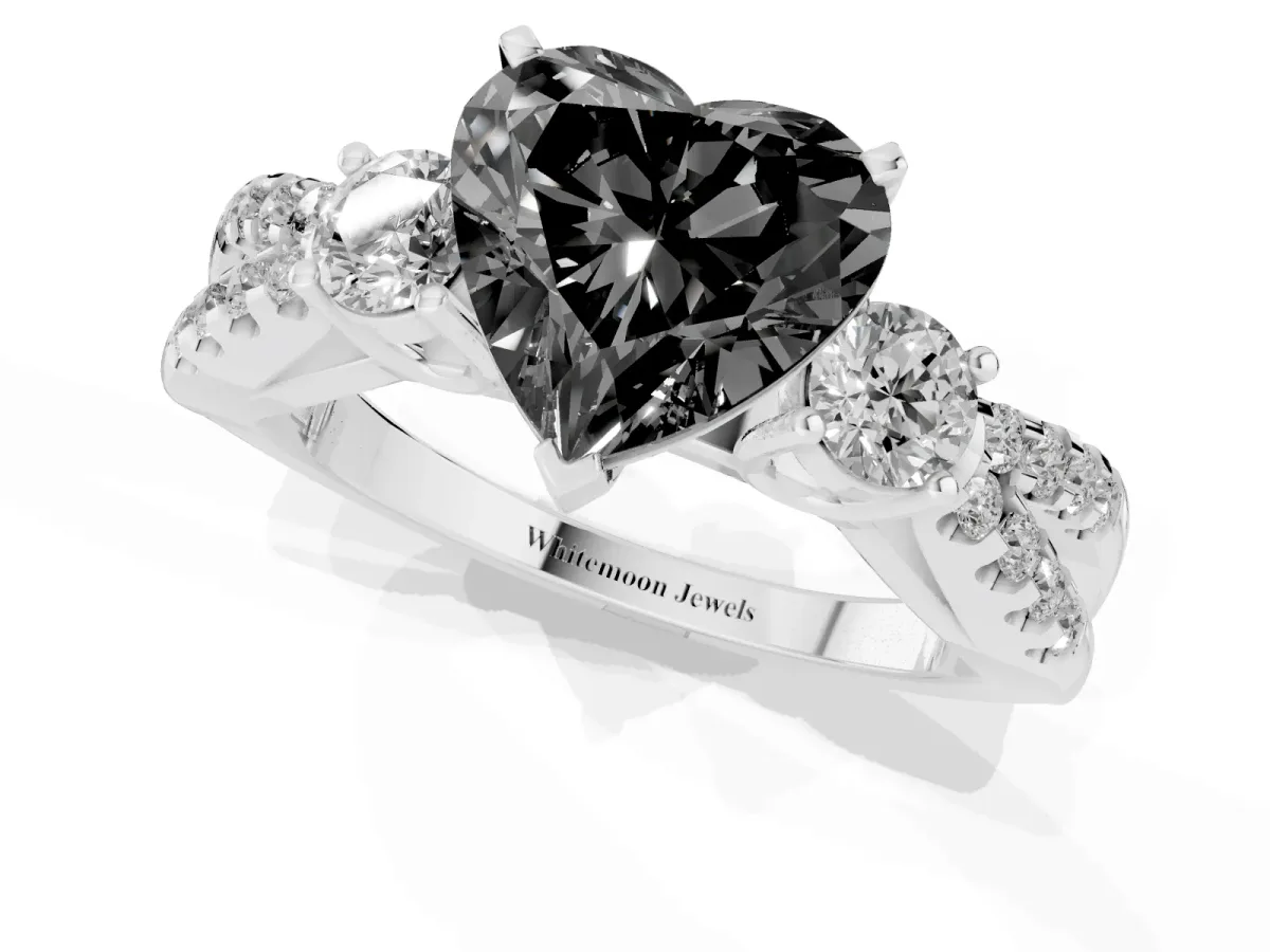 Fancy Black Heart Cut Diamond Three-Stone Ring with Pavé Split Shank and Four-Prong Setting Silver