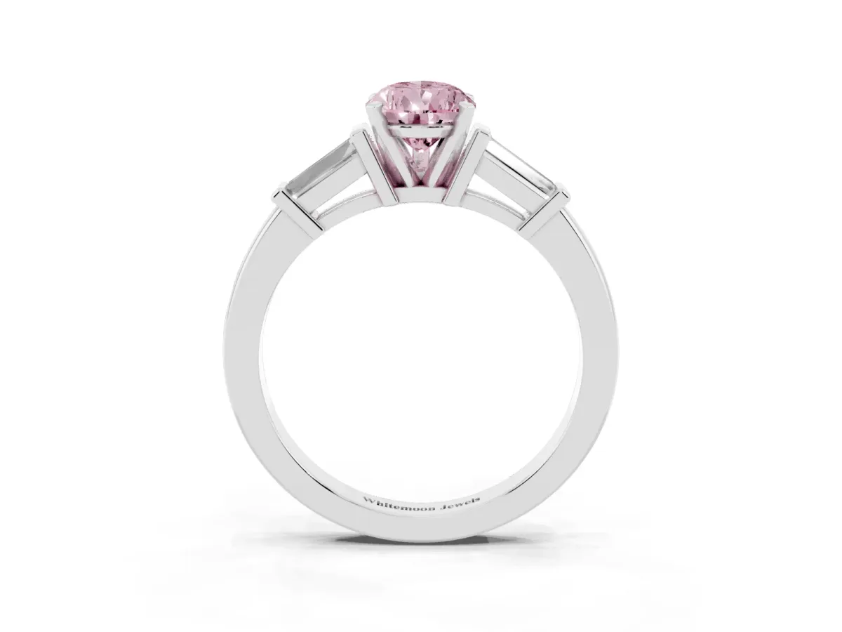 Fancy Pink Pear Cut Cut Diamond Solitaire Ring with Tapered Baguette Accents and Four-Prong Setting Platinum