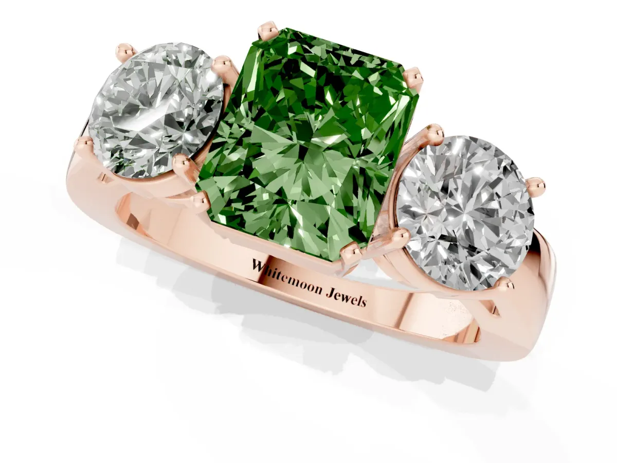 Fancy Green Three-Stone Radiant Cut Diamond Ring with Round Side Stones, Classic Band, and Four-Prong Setting Rose gold