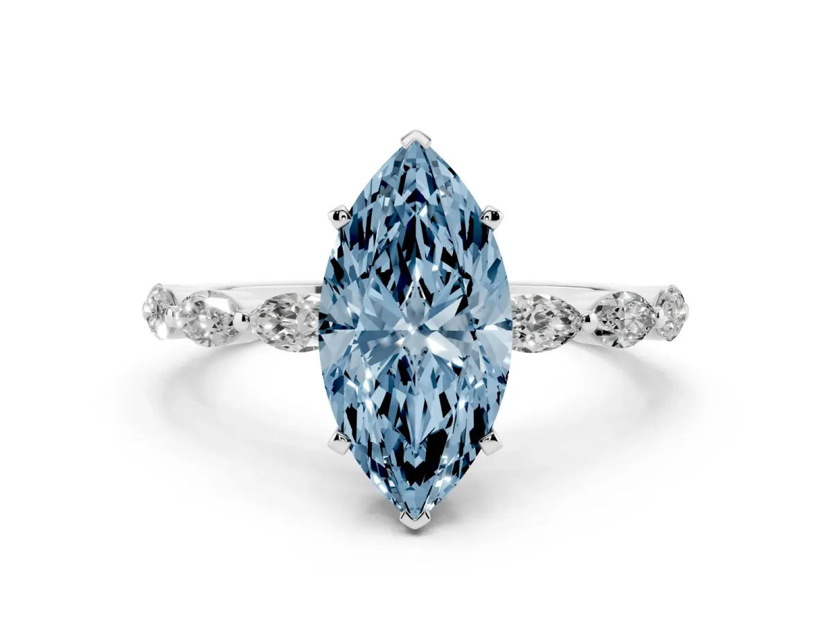 Fancy Blue Marquise Cut Diamond Ring with Marquise Side Stones and Prong Setting White gold