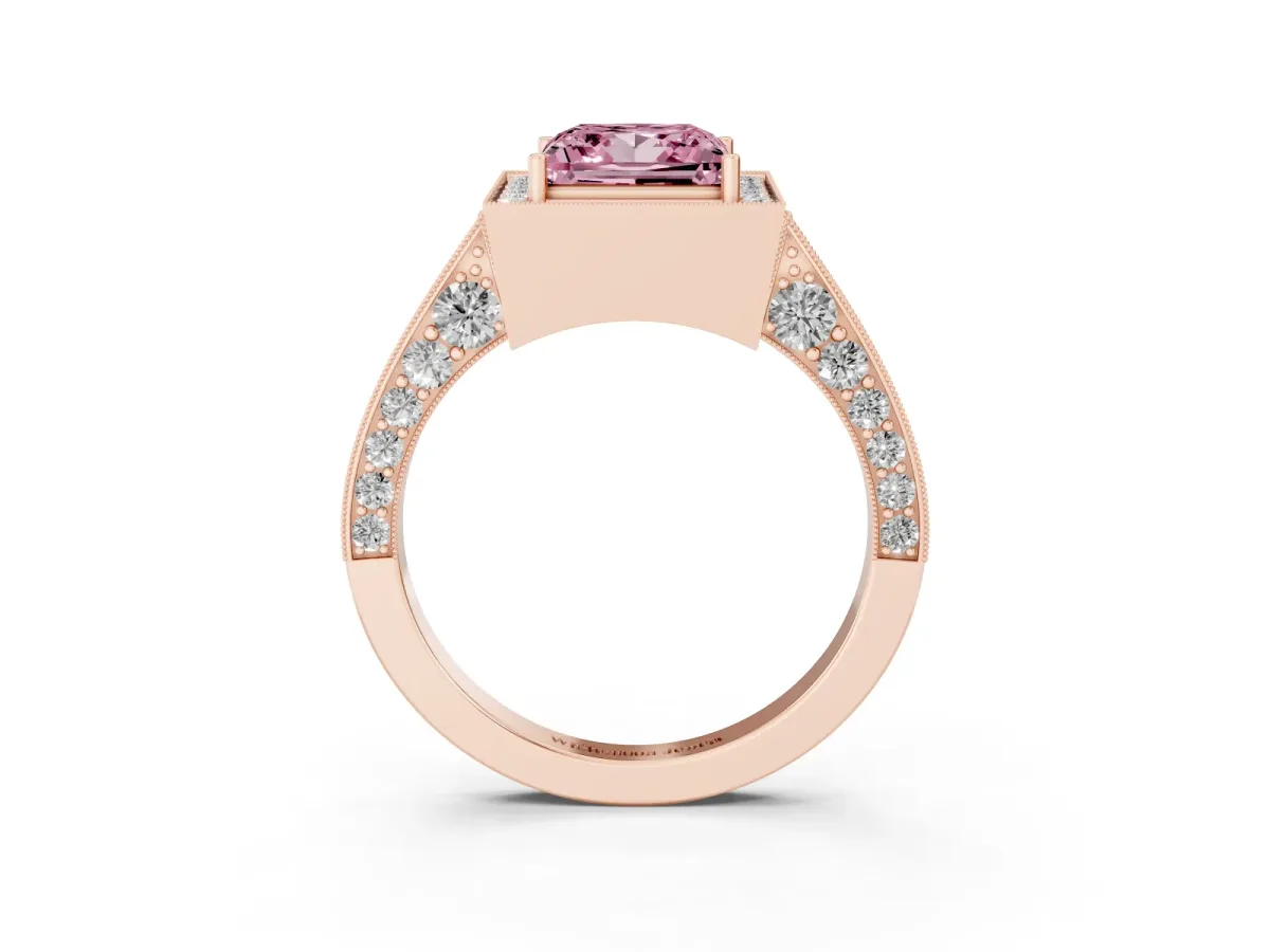 Fancy Pink Princess Cut Halo Diamond Engagement Ring with Split Shank Band and Four-Prong Setting Rose gold