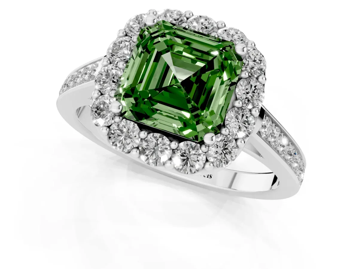 Fancy Green Asscher Cut Diamond Floral Halo Ring with Pavé Band and Prong Setting White gold