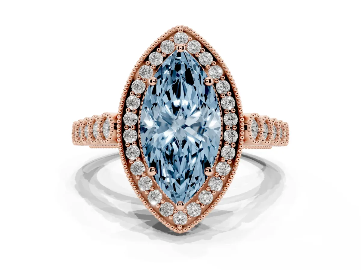 Fancy Blue Marquise Cut Halo Milgrain Solitaire with Bezel Set Side Stones and Pave Band Rose gold