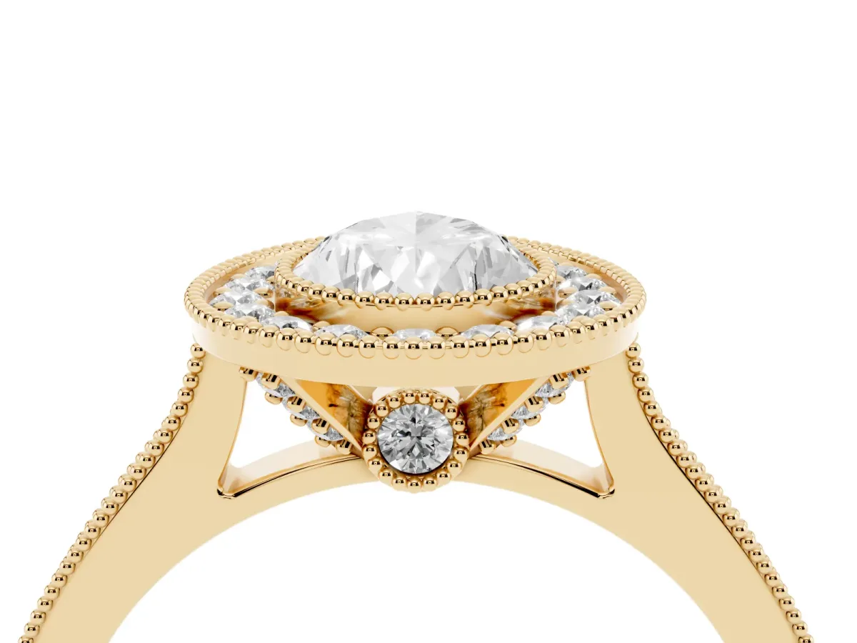 Halo Pear Cut-Cut Diamond Pave Band Milgrain Prong Setting Ring Yellow gold