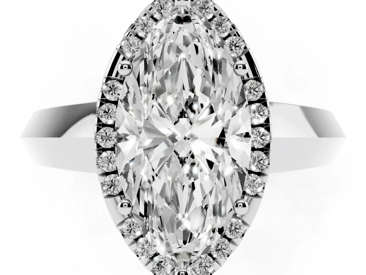 Marquise Cut Halo Diamond Ring with Cathedral Band and Four-Prong Setting Silver