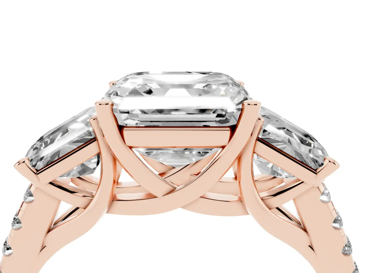 Three-Stone Asscher Cut Diamond Ring with Round Pavé Band and Prong Setting Rose gold