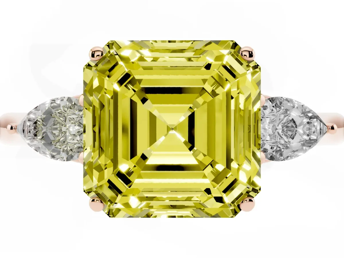 Fancy Yellow Three-Stone Asscher Cut Brilliant Diamond Solitaire Ring with Tapered Band and Four-Prong Setting Rose gold