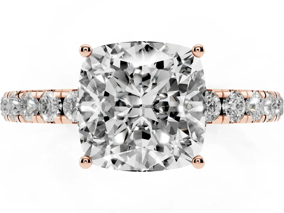 Cushion Cut Diamond Pavé Solitaire Engagement Ring with Four-Prong Setting Rose gold