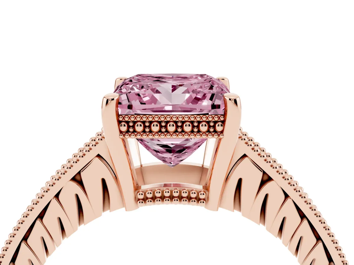 Fancy Pink Princess Cut Solitaire Pavé Diamond Milgrain Engagement Ring with Four-Prong Setting Rose gold