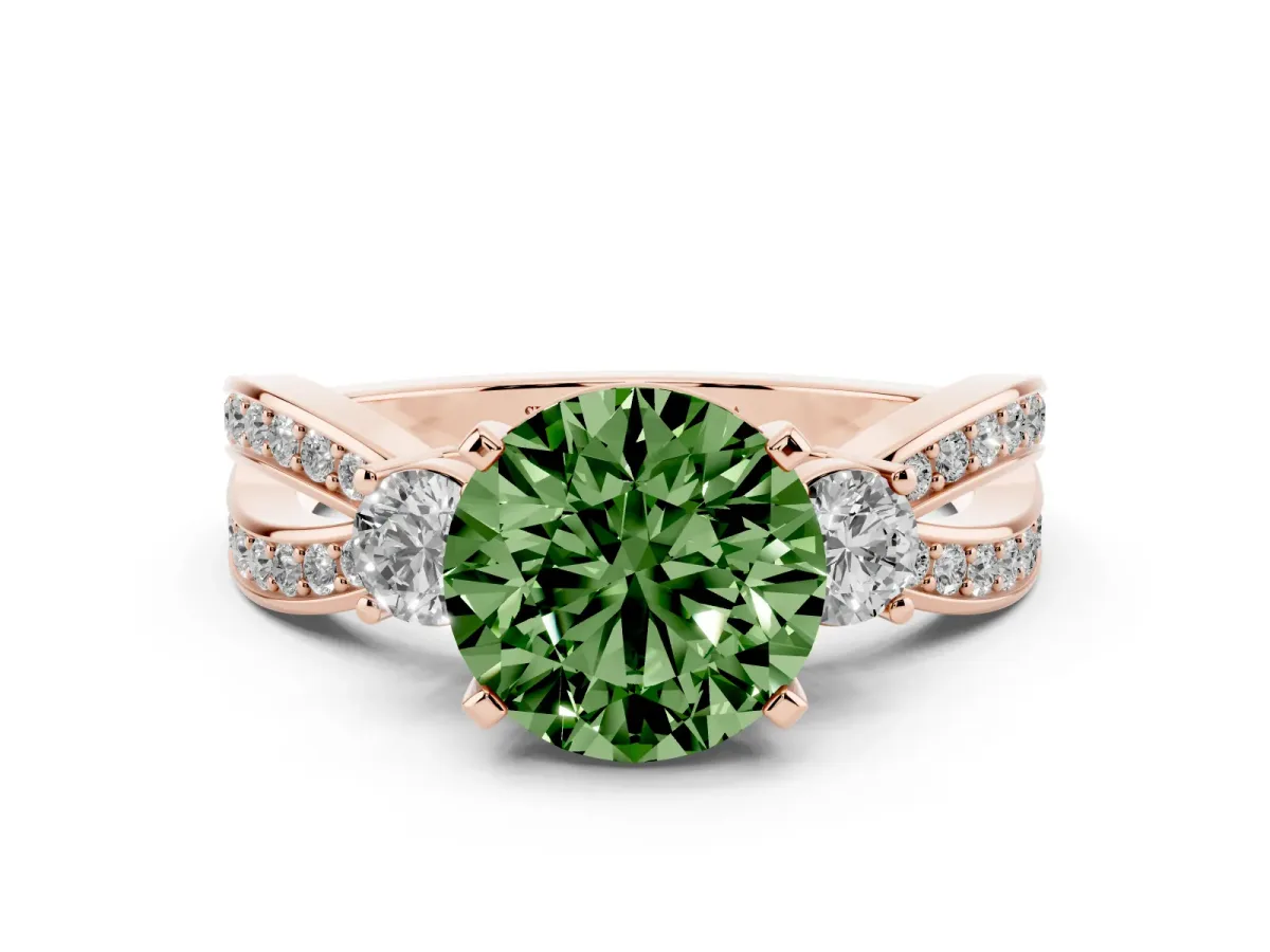 Fancy Green Three-Stone Round Cut Cut Diamond Twist Band with Prong Setting Rose gold