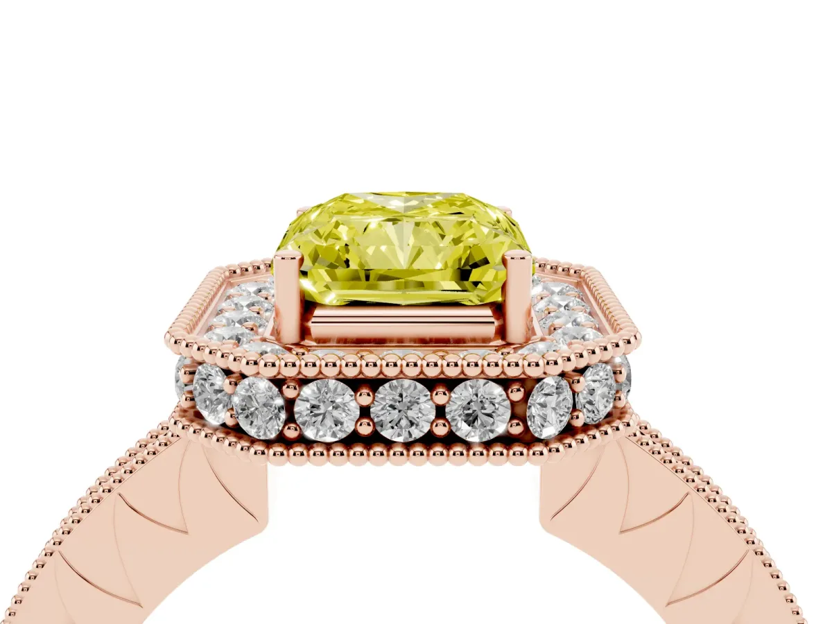 Fancy Yellow Radiant Cut Diamond Milgrain Halo Engagement Ring with Round Pavé Band and Prong Setting Rose gold