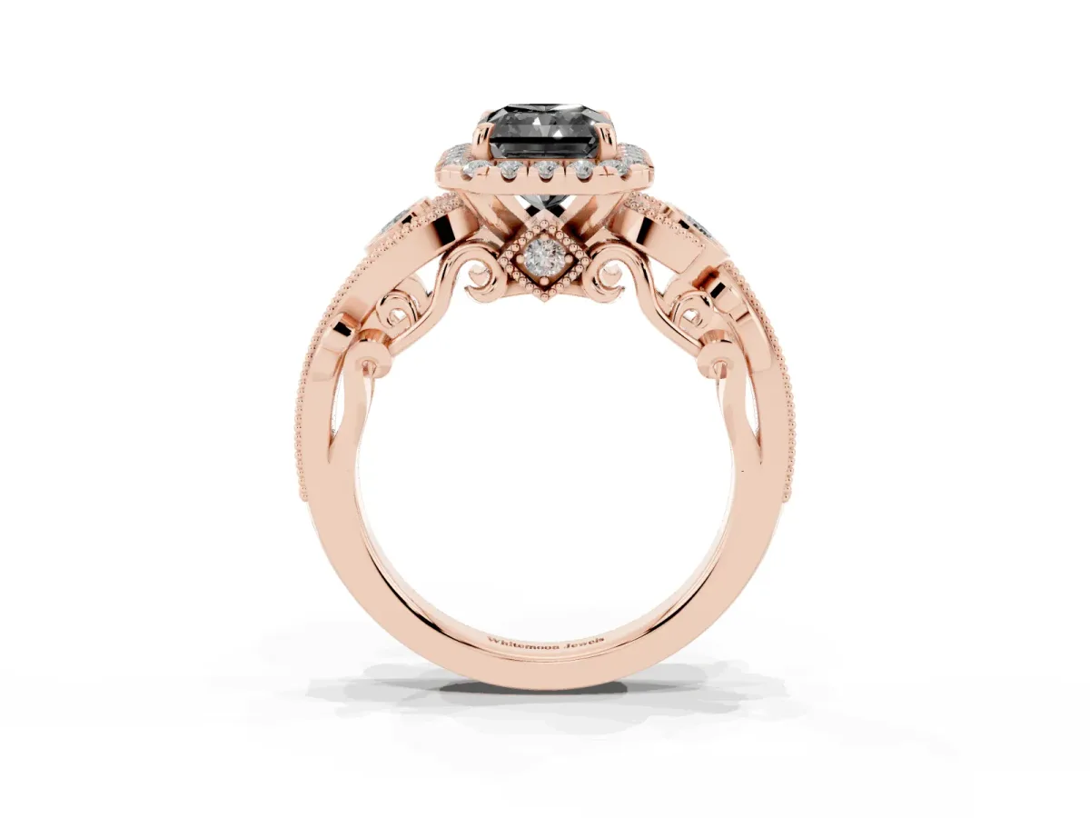 Fancy Black Radiant Cut Halo Diamond Ring with Milgrain and Bezel Accents on a Split Shank Band Rose gold
