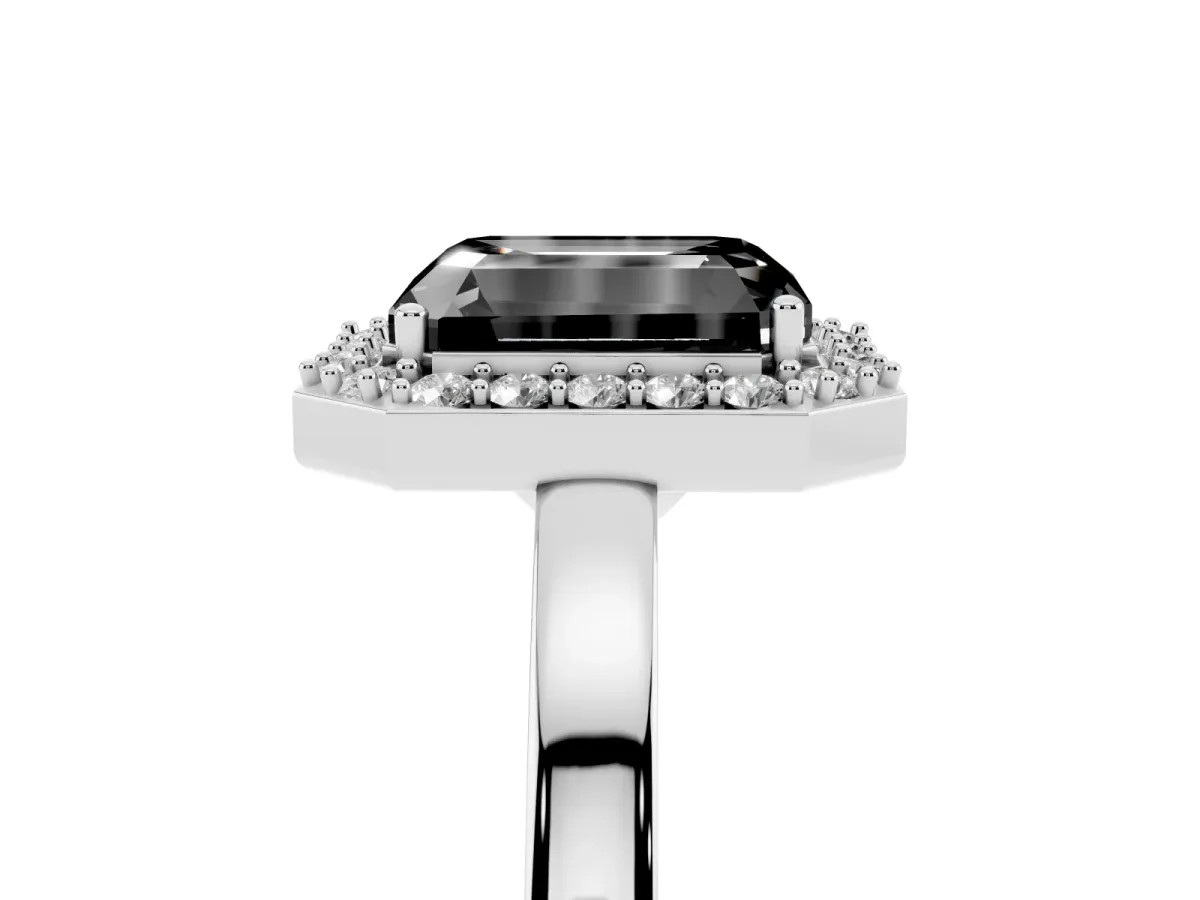 Fancy Black Radiant Cut Halo Diamond Ring with Solitaire Band and Prong Setting Platinum
