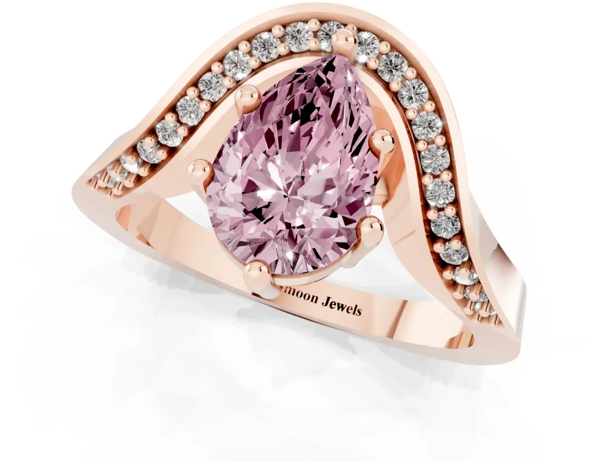 Fancy Pink Pear Cut Solitaire Diamond Engagement Ring with Pave Band and Four-Prong Setting Rose gold