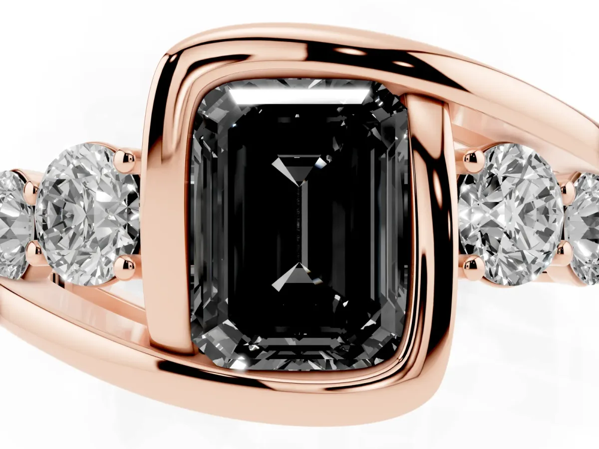 Fancy Black Bezel Set Emerald Cut Diamond Bypass Ring with Round Accents Rose gold