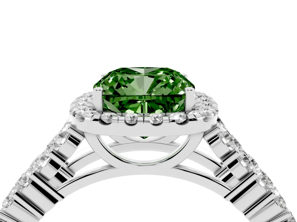 Fancy Green Cushion Cut Diamond Halo Engagement Ring with Triple Row Round Pavé Band and Prong Setting White gold