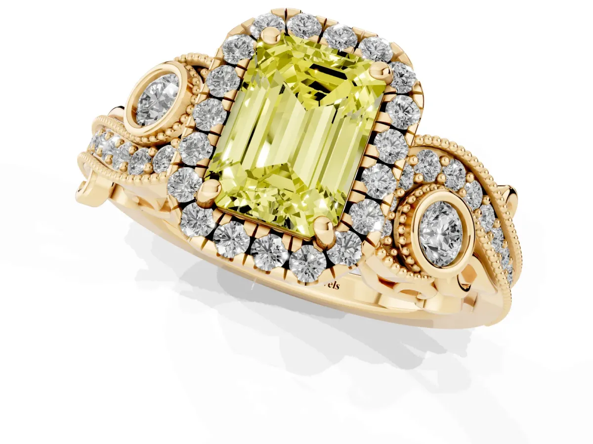Fancy Yellow Emerald Cut Halo Diamond Ring with Milgrain and Bezel Accents on a Split Shank Band Yellow gold