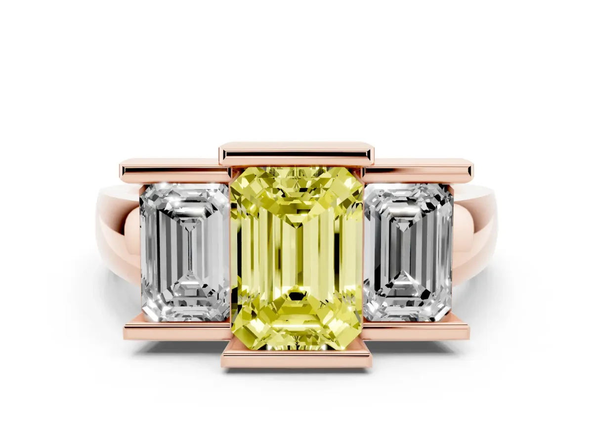 Fancy Yellow Three Stone Emerald Cut Cut Channel Set Diamond Ring Rose gold