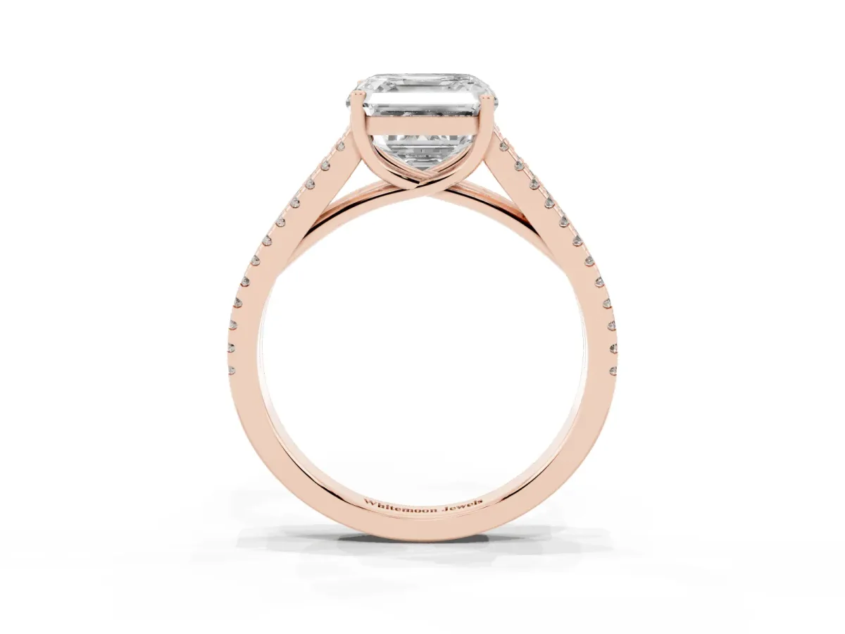 Asscher Cut Diamond Solitaire Engagement Ring with Split Shank Pavé Band Rose gold