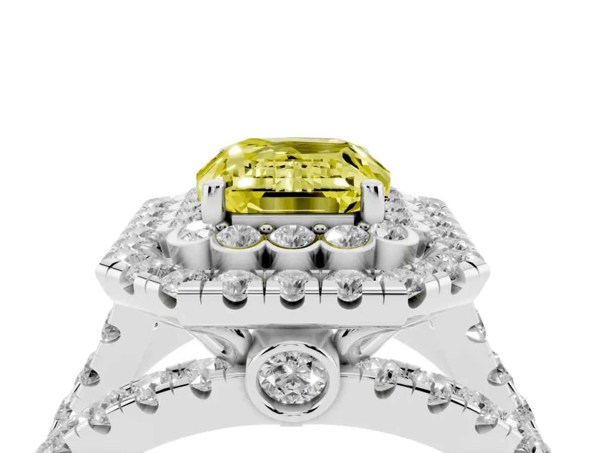 Fancy Yellow Emerald Cut Diamond Double Halo Ring with Round Pavé Split Shank and Prong Setting Silver