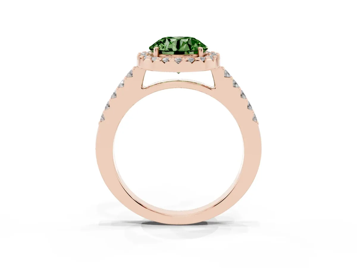 Fancy Green Round Cut Halo Diamond Pavé Solitaire Ring Rose gold
