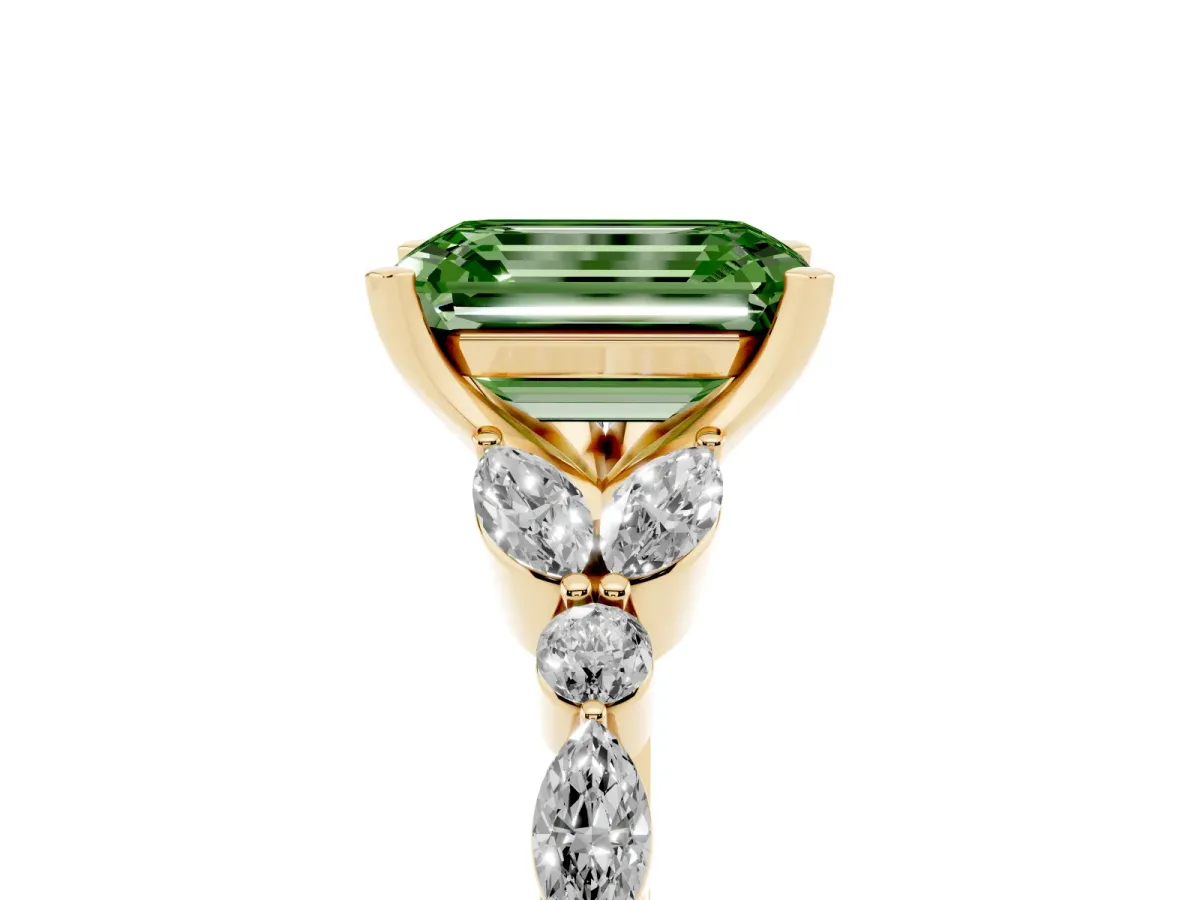 Fancy Green Emerald Cut Diamond Solitaire Ring with Side Stones and Four-Prong Setting Yellow gold